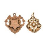 Unmarked yellow metal pendant set seven old-cut diamonds, together with an Edwardian 9ct rose gold