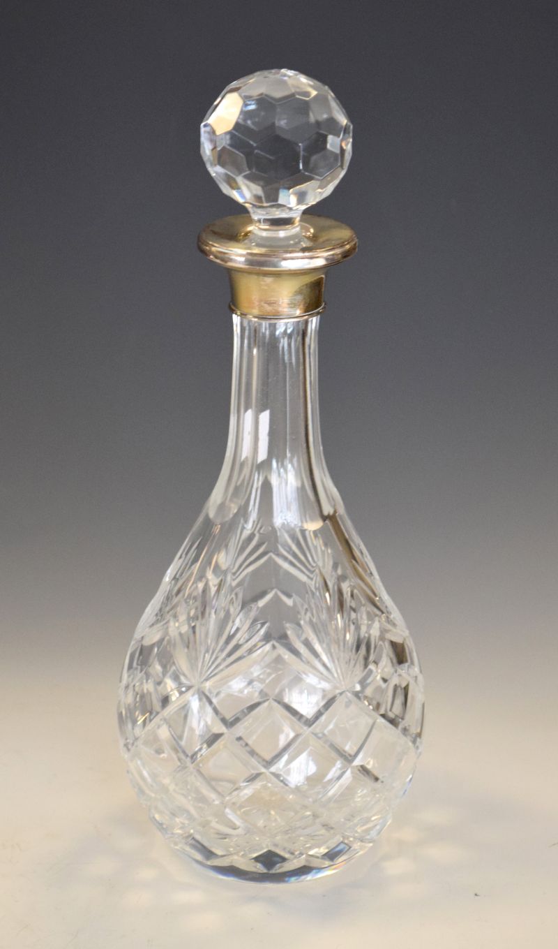 Elizabeth II cut glass decanter and stopper with silver collar, Birmingham 1996