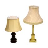 Brass column design table lamp with shade, overall height 86cm and one other turned wooden table