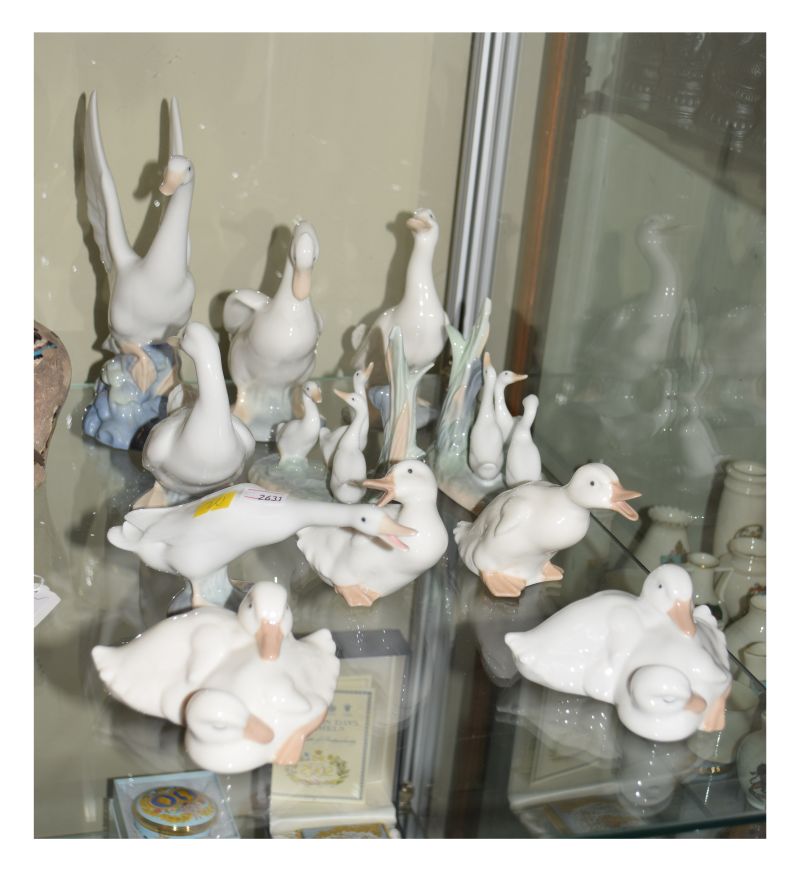 Group of Spanish porcelain ducks and geese to include; Lladro and Nao, largest 21cm high (110