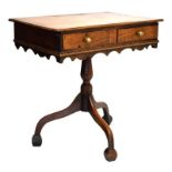 18th Century and later oak rectangular side table fitted two drawers, on turned column and tripod