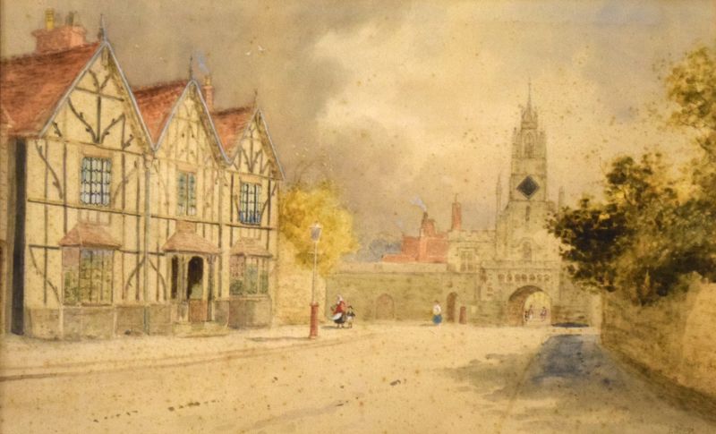 Late 19th Century watercolour - Street scene with half timbered building and gatehouse, signed F.