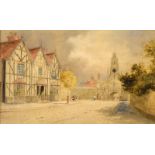 Late 19th Century watercolour - Street scene with half timbered building and gatehouse, signed F.