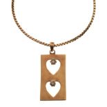 9ct gold pendant of rectangular form pierced with twin hearts and set with small diamond brilliants,