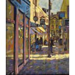 Paul Stephens - Oil on board - Bath City street scene, 29.5cm x 24.5cm, framed, monogrammed