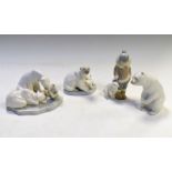 Lladro Polar Bear figures comprising: Two figure groups of three bears and a single, together with