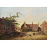 George Augustus Williams (1814-1901) - Oil on canvas - Farmyard at dusk with figures and chickens,