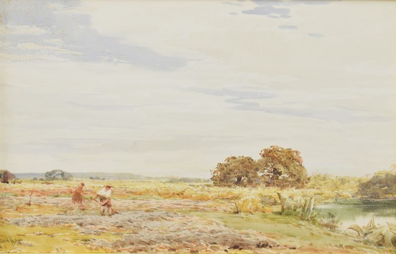 Claude Hayes, R.I. (1852-1922) - Watercolour - Haymaking Wareham Meadows, signed with Grays