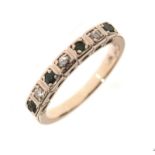 White metal, emerald and diamond seven-stone ring, set three diamonds and four alternating emeralds,