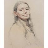 Ralph Cusack (1912-1965) - Pencil and crayon drawing - Portrait of a lady having long dark hair,