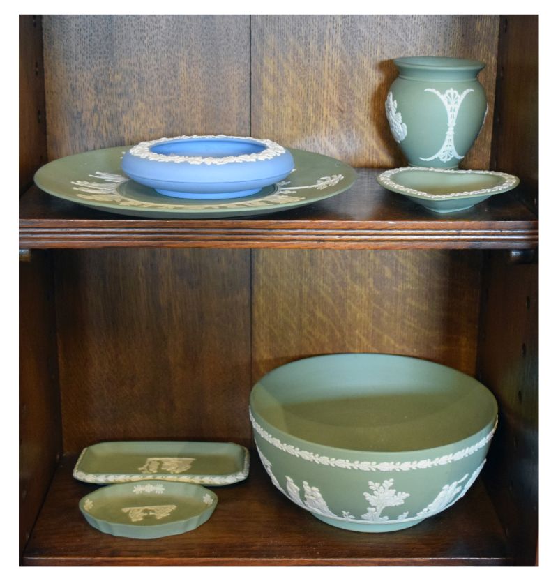 Small quantity of Wedgwood green and blue jasperware