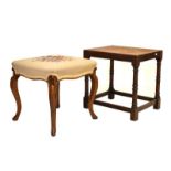 Walnut framed dressing table stool raised on cabriole supports and a cane seated stool