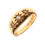 Gentleman's 18ct gold and diamond ring, gypsy-set three small brilliants, size M, 5.4g gross approx