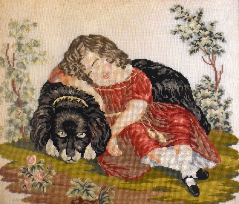 19th Century needlework panel of a girl resting beside a dog, 44.5cm x 52.5cm, in a birds-eye