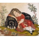 19th Century needlework panel of a girl resting beside a dog, 44.5cm x 52.5cm, in a birds-eye