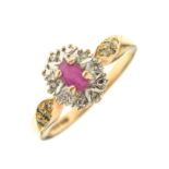 9ct gold, ruby and diamond dress ring set central faceted oval ruby within diamond border and