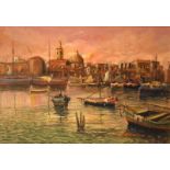 G.Mannoni - 20th Century - Oil on canvas - Mediterranean harbour scene at dusk, 69cm x 98.5cm,