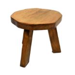 Rustic three legged stool/occasional table, the underside with metal plate stamped Wanderwood,