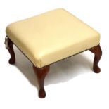 Modern stained beech square foot stool having cream hide effect cover, 50cm wide