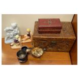 Miniature camphor wood chest, small quantity of ceramics, metal ware etc
