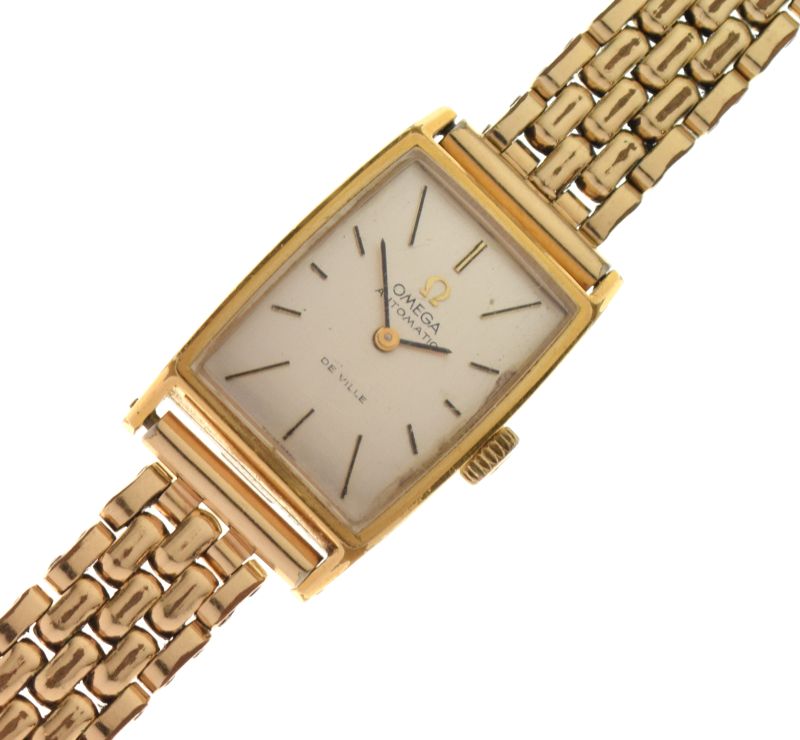 Omega - Lady's De Ville gold-plated wristwatch, silvered rectangular dial, 20mm wide excluding