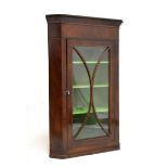 19th Century mahogany and string inlaid wall hanging corner display cabinet fitted one glazed door