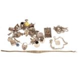 Assorted silver and white metal jewellery to include charm bracelet with heart shaped padlock and