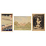 Large folio of watercolours, etchings, pencil drawings, a Japanese woodblock print, etc