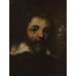 Antique oil on paper laid on board portrait of a bearded gentleman with painted armorial, 23cm x