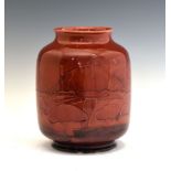 William Moorcroft flambé 'Claremont' pattern pottery vase, of barrel form with tube-lined