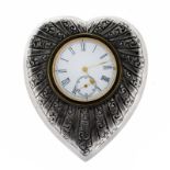 Victorian embossed silver cased heart shaped easel desk timepiece, having embossed foliate scroll