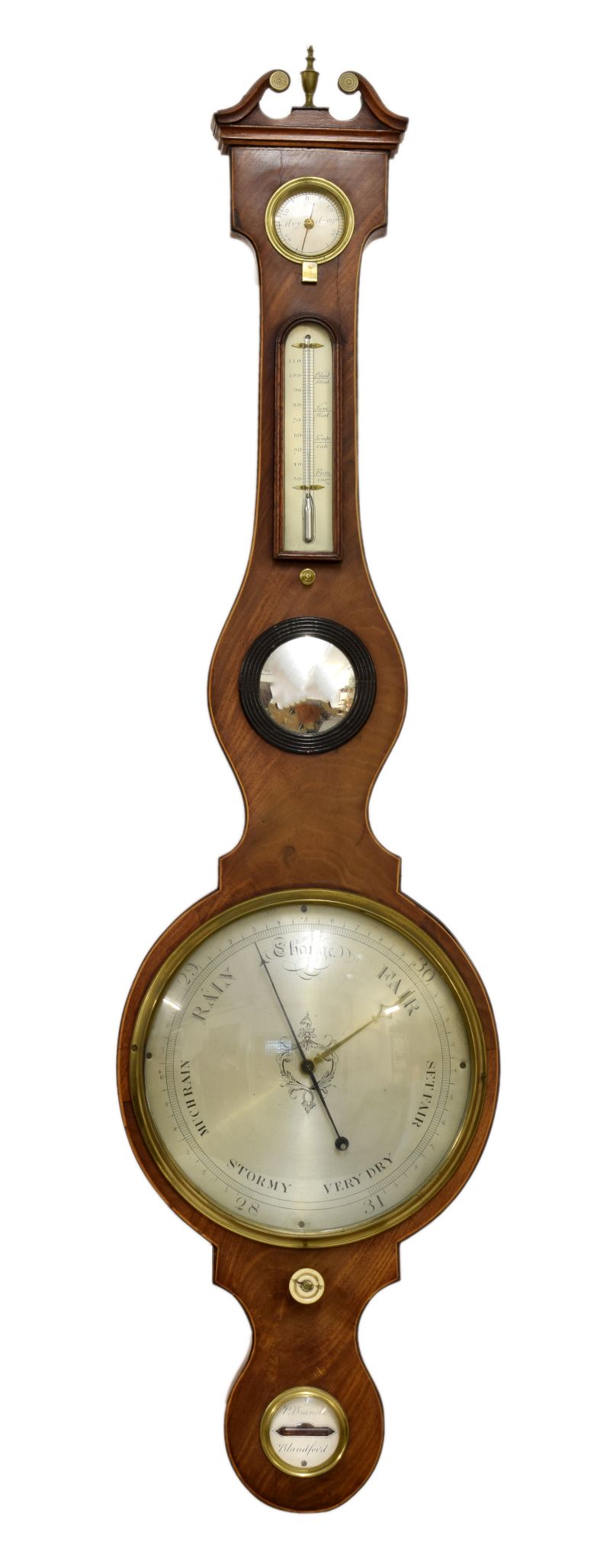 Mid 19th Century inlaid mahogany-cased wheel barometer, P. Bianchi, Blandford, the 10-inch