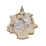 Blister pearl pendant, carved as a basket of flowers, to a shaped back plate stamped '9ct'