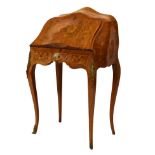 Early 20th Century lady's walnut and marquetry bombé bureau-de-dame, the humped foliate scroll-