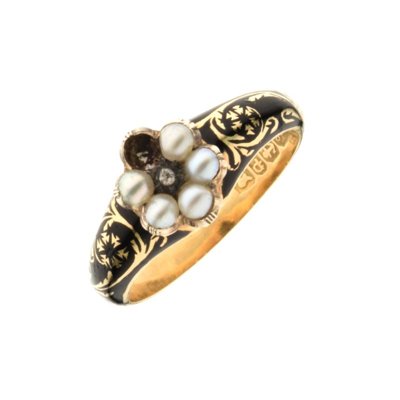 Victorian mourning ring, Birmingham 1838, the central rose cut diamond enclosed by split pearls (