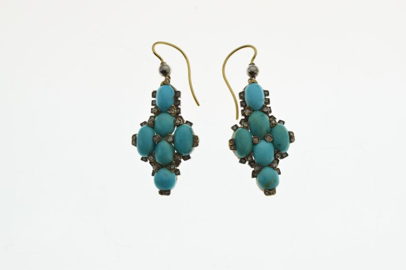 Pair of turquoise and rose diamond drop earrings, the six cabochons with rose diamond points - Image 2 of 5