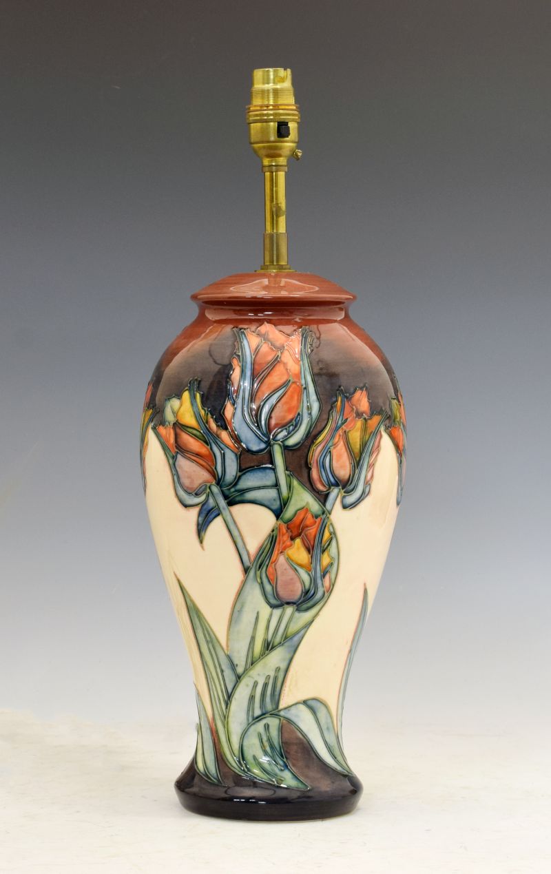 Modern Moorcroft pottery 'Tulip' pattern lamp base, of baluster form with tube-lined decoration,
