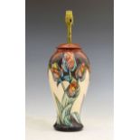 Modern Moorcroft pottery 'Tulip' pattern lamp base, of baluster form with tube-lined decoration,