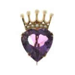 Amethyst and cultured pearl brooch, stamped '9ct' and '2', the heart shaped cut amethyst with a