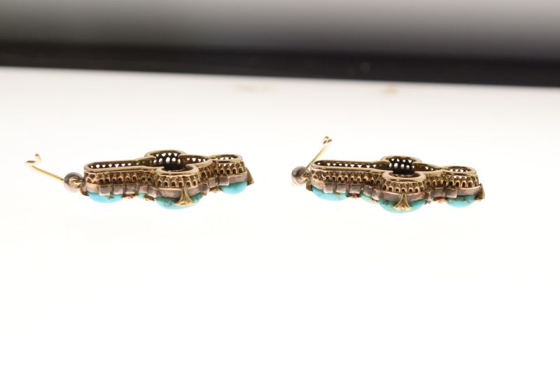 Pair of turquoise and rose diamond drop earrings, the six cabochons with rose diamond points - Image 5 of 5