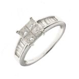 Diamond 18ct white gold cluster ring, the central group of four Princess cut stones totalling