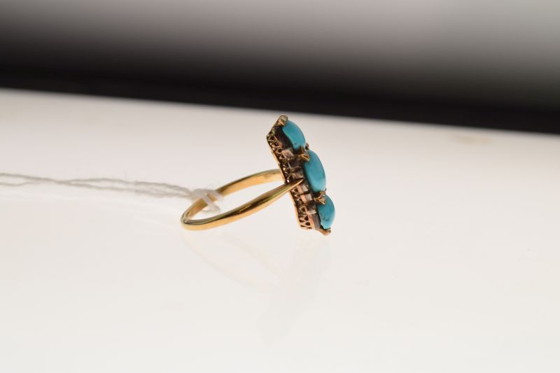 Turquoise three stone ring, the yellow mount unmarked, with rose diamond points, size O, 4.4g - Image 4 of 6