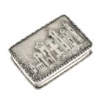 Nathaniel Mills: Early Victorian silver 'Castle-top' vinaigrette, the hinged cover with a scene of