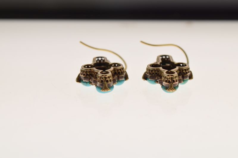 Pair of turquoise and rose diamond drop earrings, the six cabochons with rose diamond points - Image 4 of 5