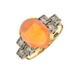 Mexican fire opal and diamond ring, stamped '18ct', the oval cabochon measuring approximately 12.8mm