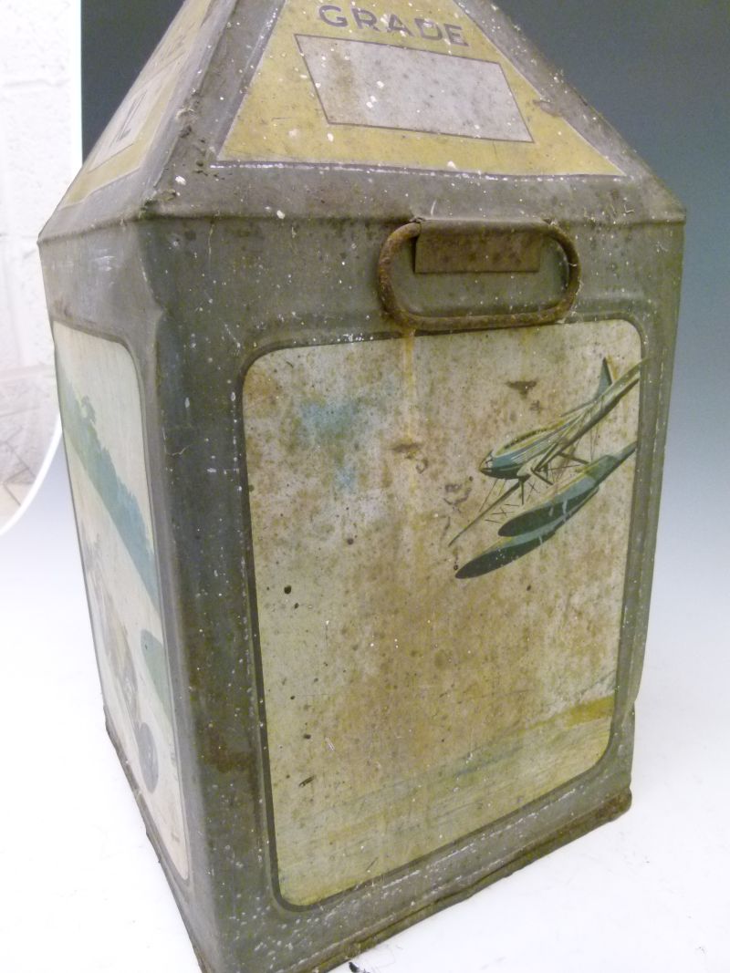 Advertising - Vintage grade XL Gamages pyramid motor oil can, decorated with racing car, seaplane - Image 6 of 9