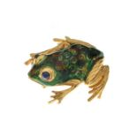 18ct gold frog brooch, with enamelled body and cabochon sapphire eyes, 4.8cm long, 12.4g gross