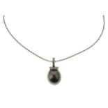 Black South Sea cultured pearl and diamond pendant on a chain, the white mount stamped '750', the