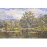 English School (Early 20th Century) - Oil on canvas - River scene with cottage, indistinctly signed,