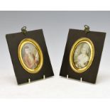 Pair of late 18th/early 19th Century portrait miniatures, a lady in a cap holding pink roses, and
